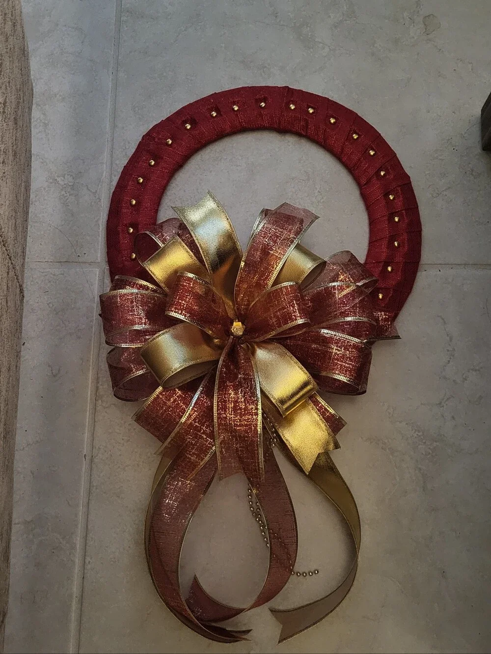 Festive Red and Gold Studded Decorative Wreath with Elegant Bow-Rare